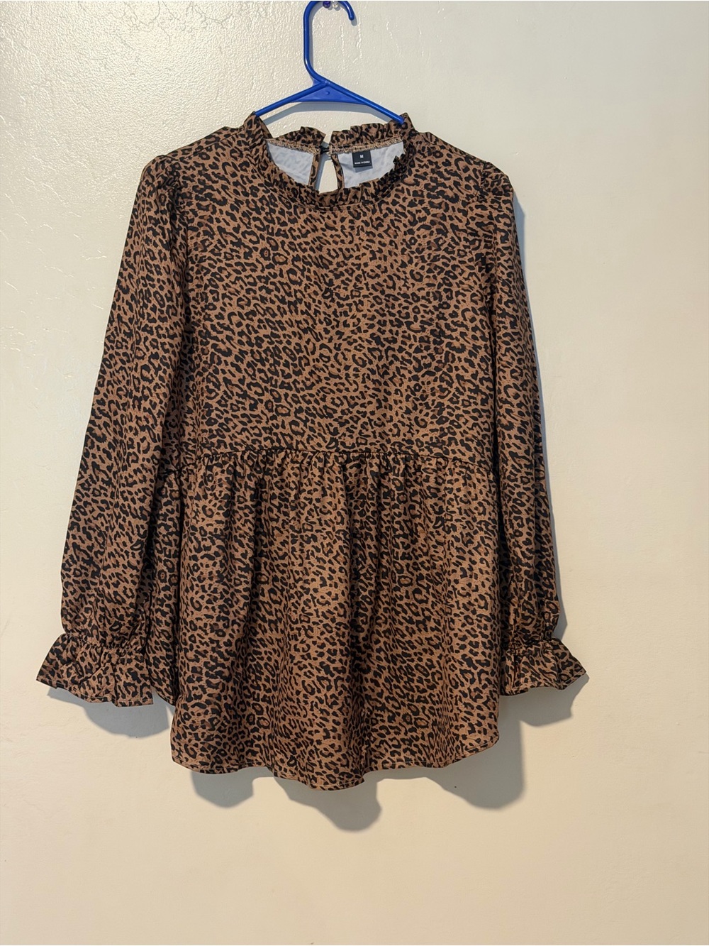 SHEIN Brown Leopard Print Long-Sleeve Peplum Blouse